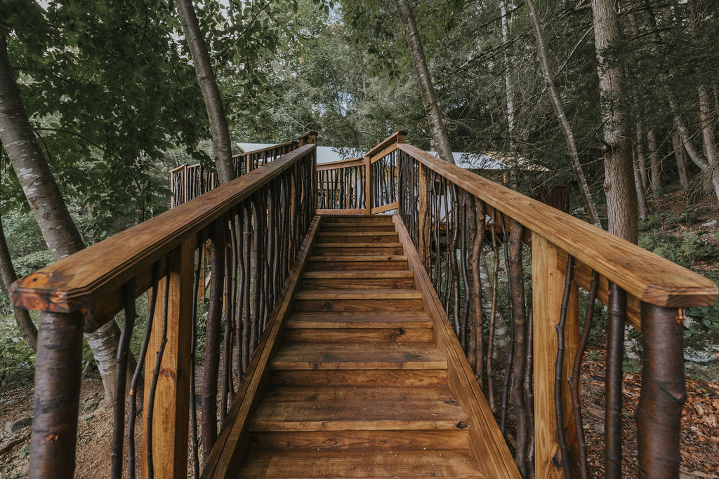 Elevated wooden boardwalk leading through the woods to South Camp