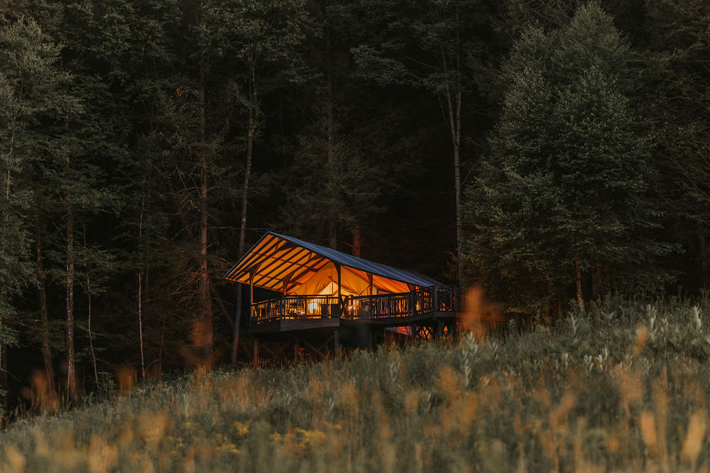 South Camp fire pit burning after dark