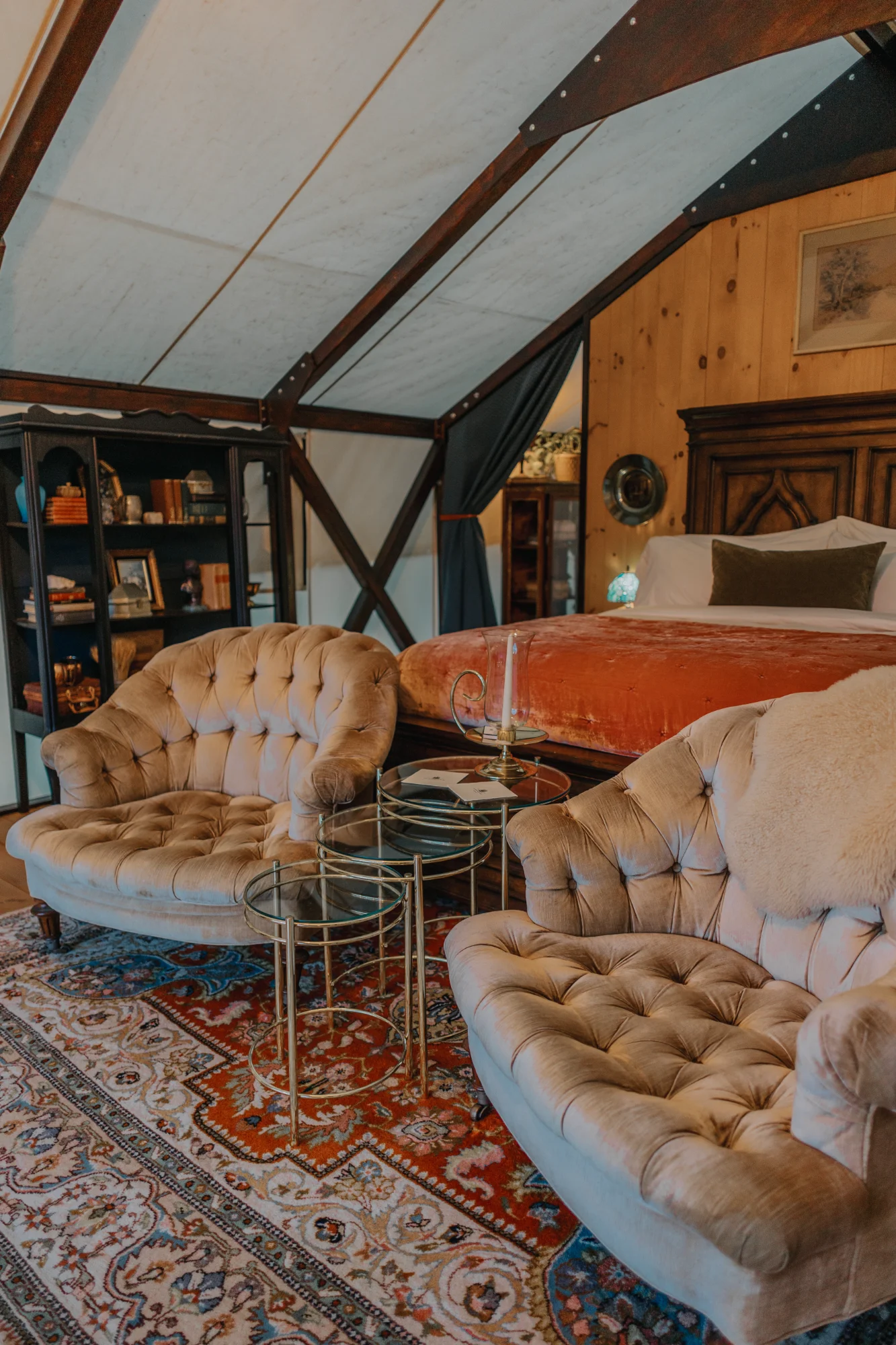 Cozy tent interior with wood stove